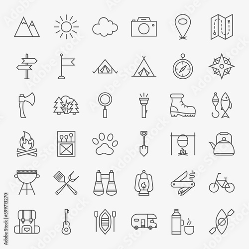 Hiking and Outdoor Line Icons Set. Vector Collection of Modern Thin Outline Camping Symbols.