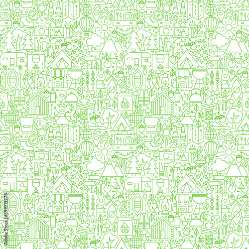 Line Camping White Seamless Pattern. Vector Illustration of Outline Tile Background. Summer Camp.