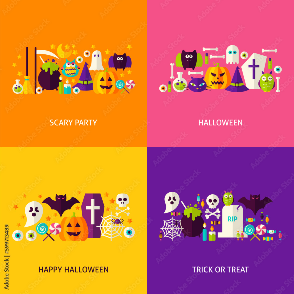 Halloween Party Concepts Set. Flat Design Vector Illustration. Collection of Trick or Treat Colorful Objects.