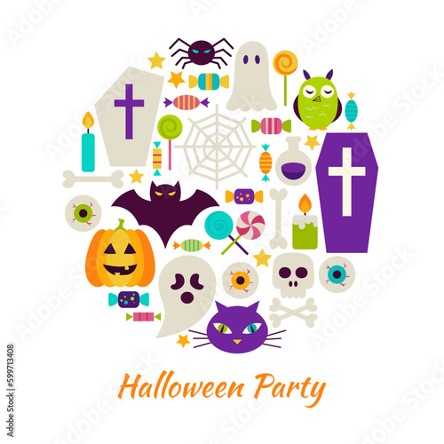 Halloween Party Objects over White. Vector Illustration of Trick or Treat isolated Items Set.