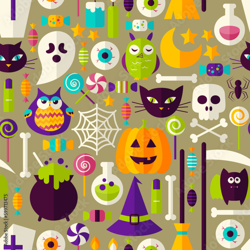 Halloween Seamless Background. Vector Illustration of Scary Holiday Flat Style Tile Pattern. Trick or Treat.