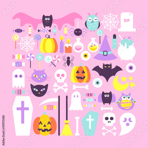 Fototapeta Naklejka Na Ścianę i Meble -  Cute Halloween Objects in Trendy Colors. Flat Style Vector Illustration. Set of Scary Holiday Modern Design Elements.