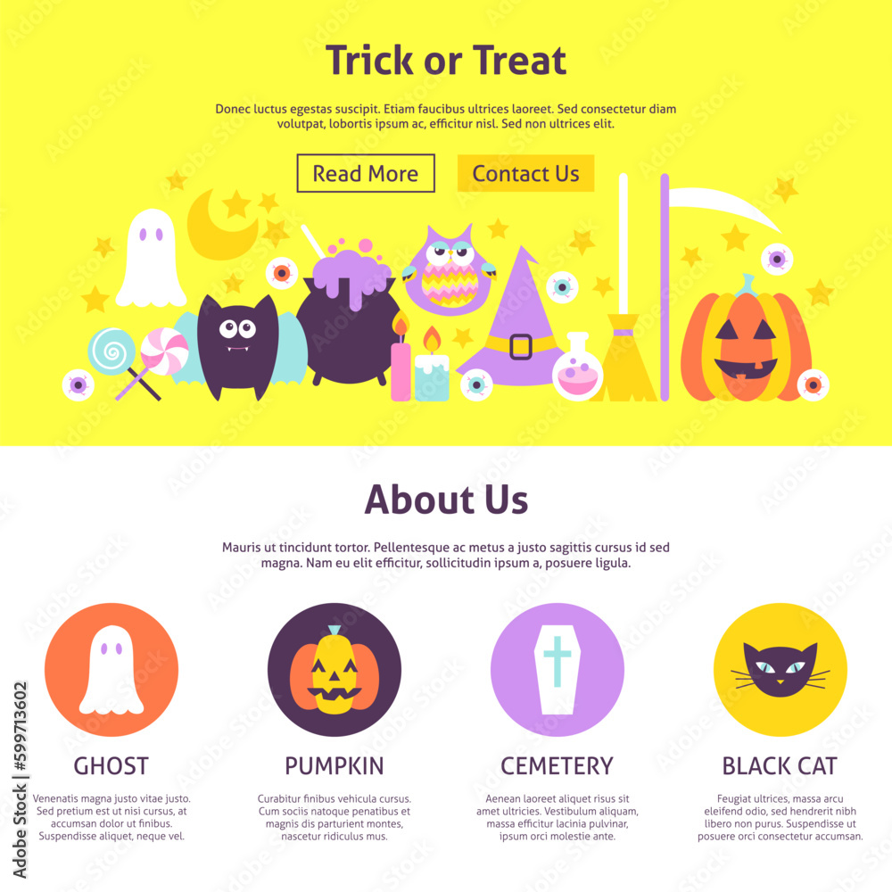 Trick or Treat Website Design. Flat Style Vector Illustration for Website Banner and Landing Page. Happy Halloween.