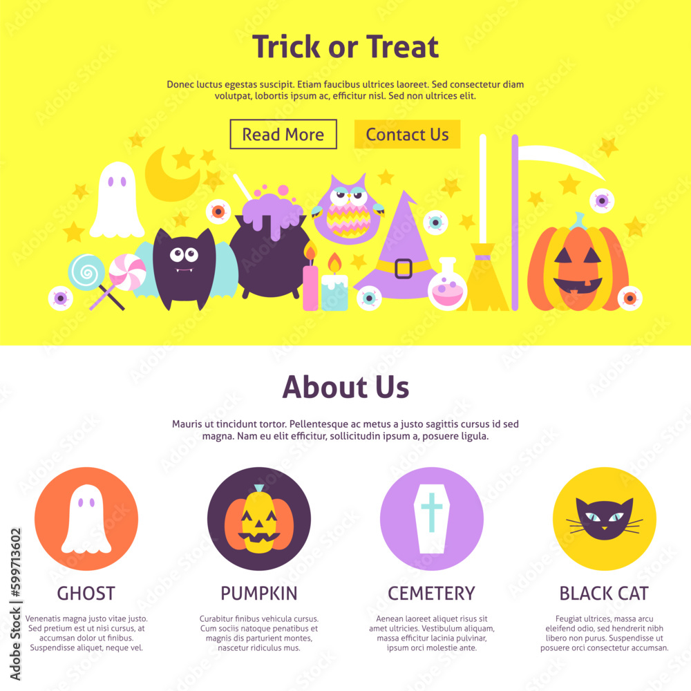Trick or Treat Website Design. Flat Style Vector Illustration for Website Banner and Landing Page. Happy Halloween. Trick or Treat Website Design. Flat Style Vector Illustration for Website Banner and Landing Page. Happy Halloween.