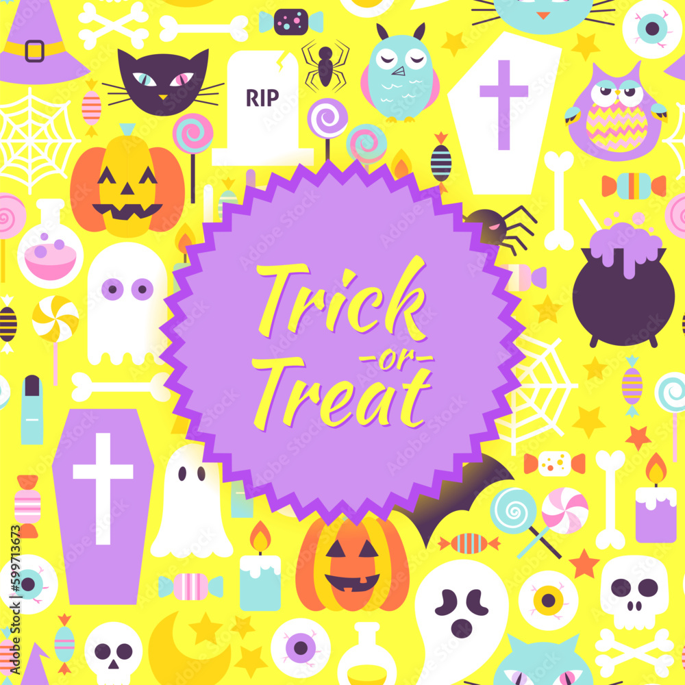Halloween Trick or Treat Trendy Poster. Flat Style Vector Illustration Scary Party Modern Template. Halloween Trick or Treat Trendy Poster. Flat Style Vector Illustration Scary Party Modern Template.