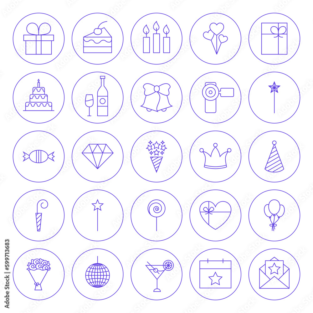 Line Circle Celebration Icons. Vector Illustration of Outline Birthday Party Objects. Line Circle Celebration Icons. Vector Illustration of Outline Birthday Party Objects.
