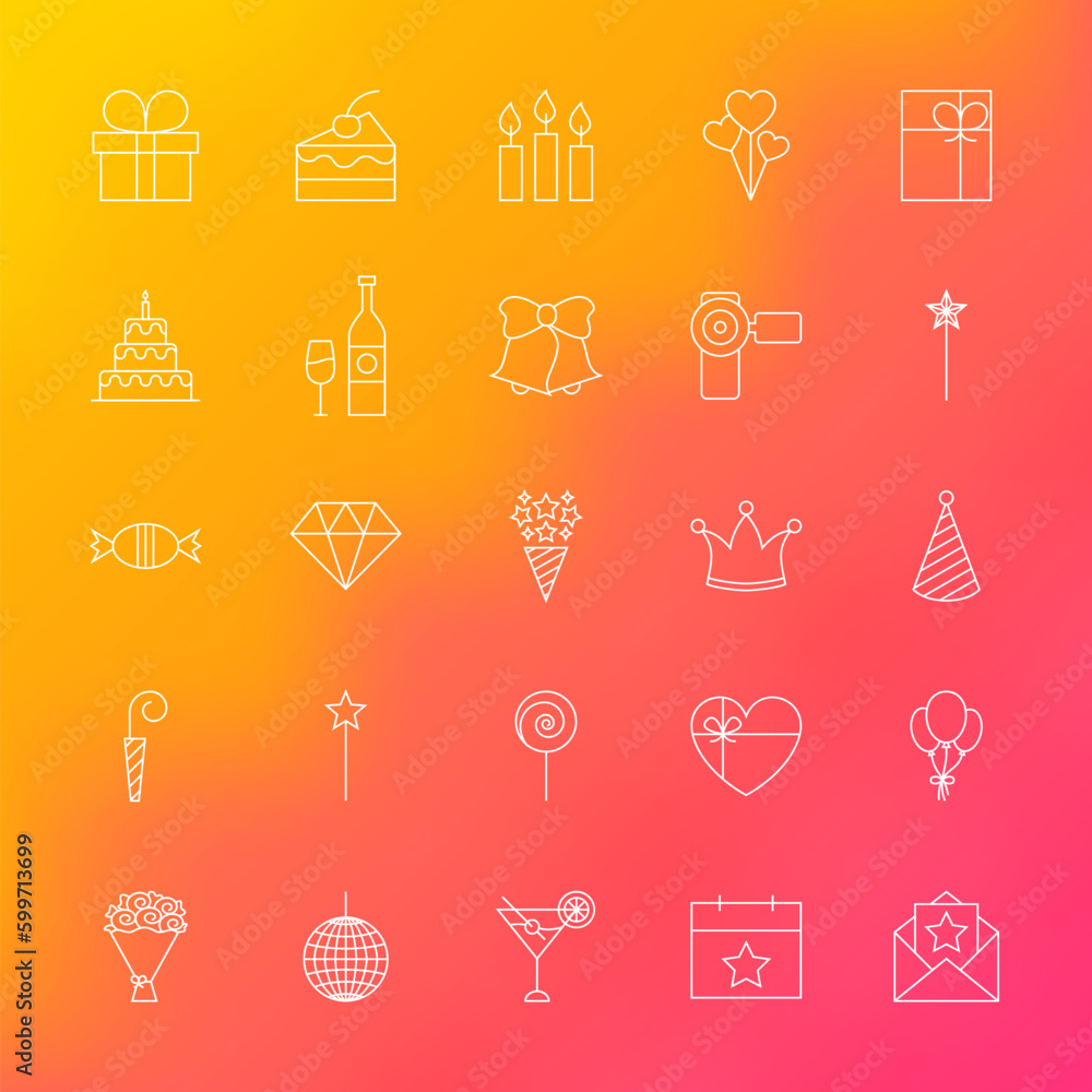 Party Time Line Icons. Vector Set of Outline Birthday Celebration Items over Blurred Background. Party Time Line Icons. Vector Set of Outline Birthday Celebration Items over Blurred Background.