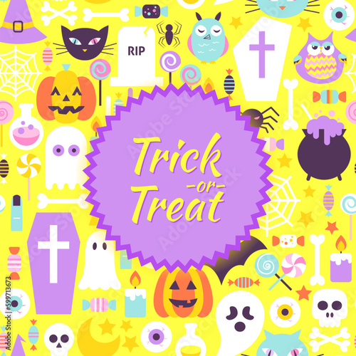 Halloween Trick or Treat Trendy Poster. Flat Style Vector Illustration Scary Party Modern Template.
