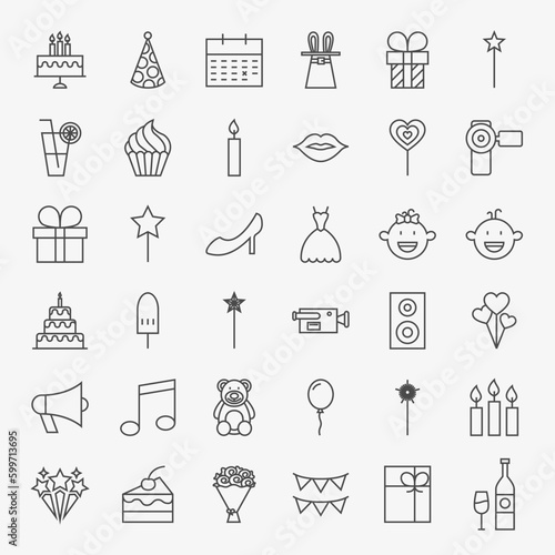 Party Line Icons Set. Vector Collection of Modern Thin Outline Birthday Celebration Symbols.