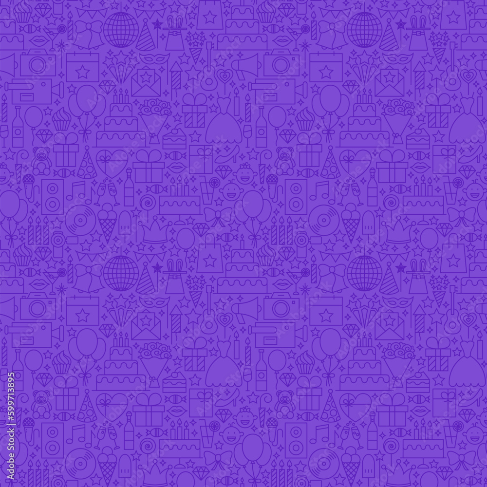 Violet Line Party Seamless Pattern. Vector Illustration of Outline Tile Background. Birthday Celebration. Violet Line Party Seamless Pattern. Vector Illustration of Outline Tile Background. Birthday Celebration.