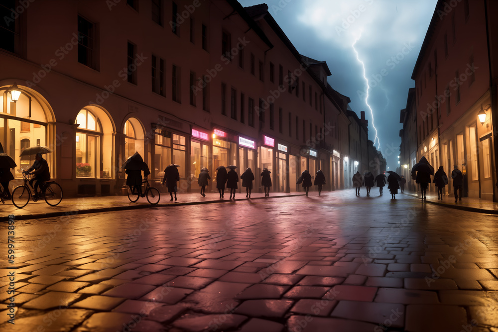 Evening streets of the old town with bright orange lanterns reflecting off the wet cobblestones in a storm with lightning and silhouettes of crowds of people with umbrellas. Generative AI.