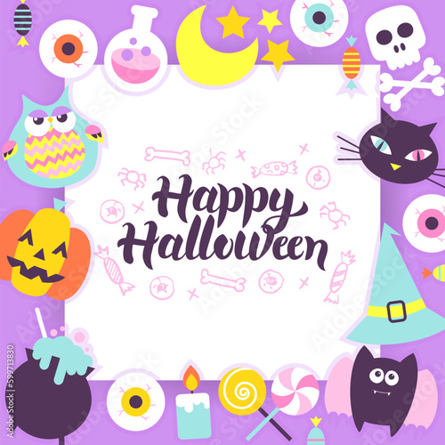 Happy Halloween Paper Template. Vector Illustration Flat Trick or Treat Concept with Lettering.