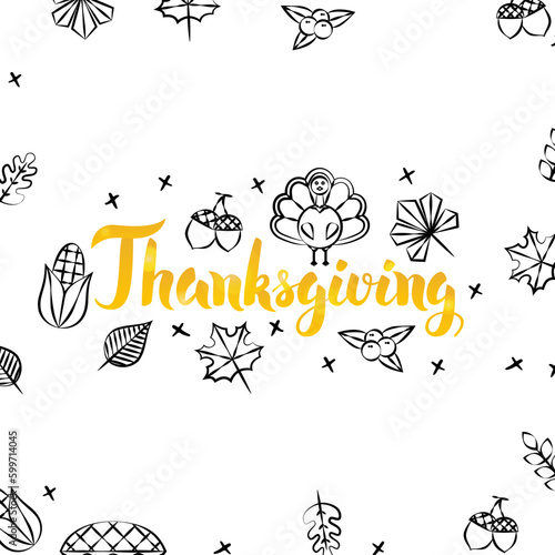 Thanksgiving Gold Greeting Postcard. Vector Illustration of Seasonal Holiday Lettering with Golden Doodles.