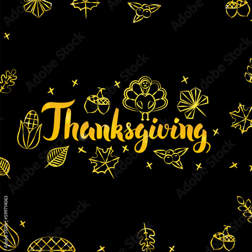 Thanksgiving Gold and Black Design. Vector Illustration of Thank You Calligraphy with Golden Decoration.