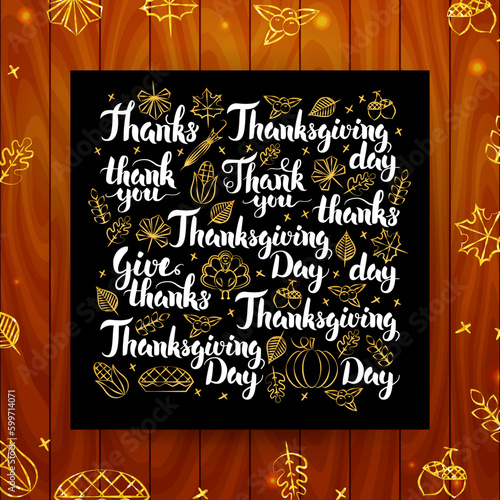 Thanksgiving Greeting Calligraphy. Vector Illustration of Thank You Modern Lettering over Wooden Board.
