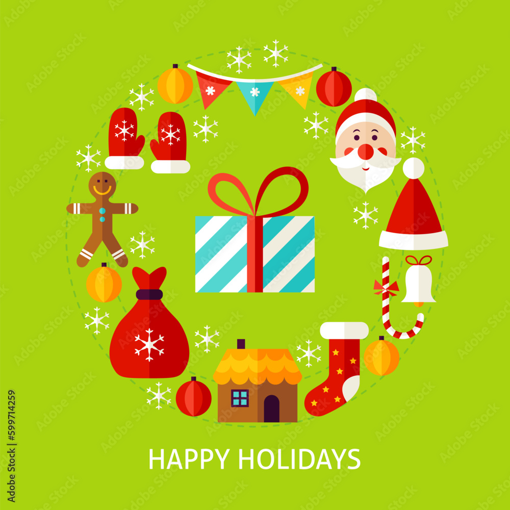 Happy Holidays Flat Concept. Poster Design Vector Illustration. Set of Merry Christmas Objects.