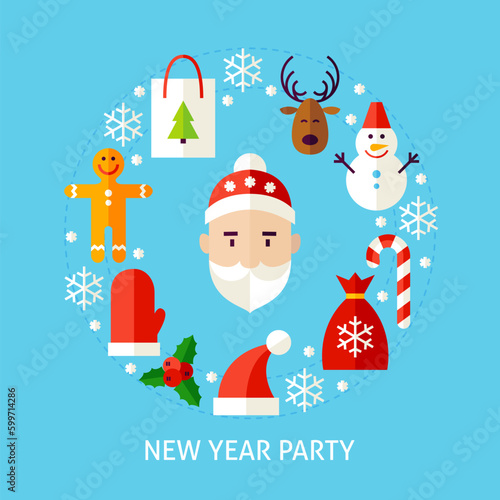 New Year Party Concept. Flat Poster Design Vector Illustration. Collection of Winter Holiday Objects.