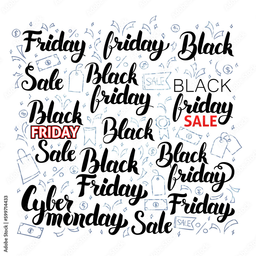 Obraz premium Black Friday Lettering with Doodles. Vector Illustration of Shopping Sale Calligraphy over White with Silver Doodles.