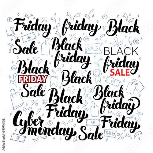 Black Friday Lettering with Doodles. Vector Illustration of Shopping Sale Calligraphy over White with Silver Doodles.