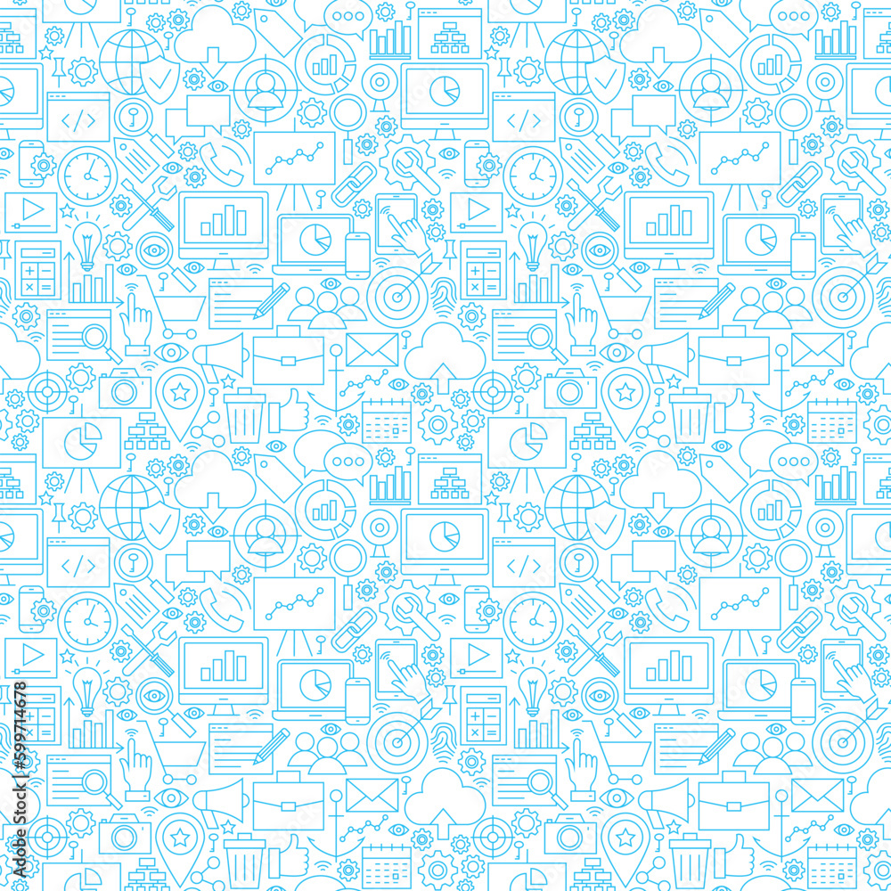 Line Web Development White Seamless Pattern. Vector Illustration of Outline Tile Background. Business and SEO.