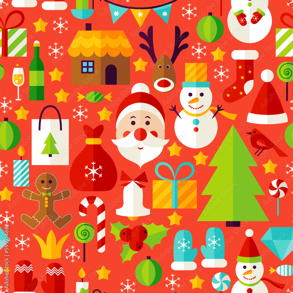 New Year Red Tile Pattern. Merry Christmas Flat Design Vector Illustration. Seamless Background.