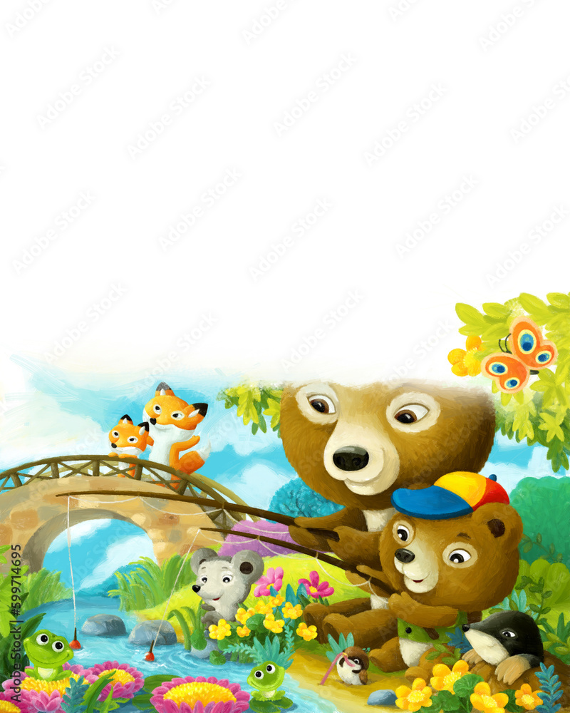 Obraz premium cartoon fun scene animals friends and family in forest illustration for children