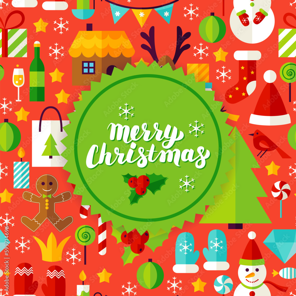 Merry Christmas Greeting Card. Flat Style Vector Illustration for Happy New Year Winter Holiday. Merry Christmas Greeting Card. Flat Style Vector Illustration for Happy New Year Winter Holiday.