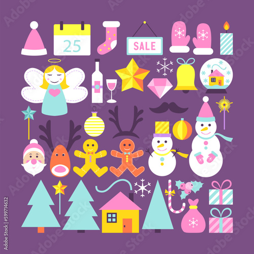 Cute Happy New Year Objects. Flat Design Vector Illustration. Merry Christmas Colorful Items.