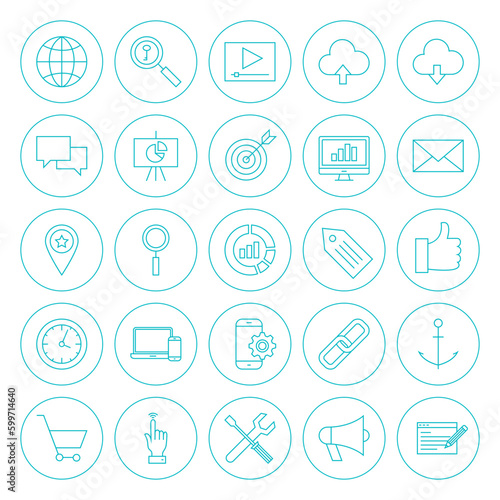Line Circle SEO Icons. Vector Illustration of Outline Web Development Objects.