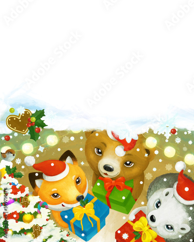 cartoon christmas scene forest animals with presents