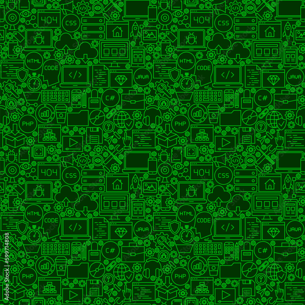 Green Line Coding Seamless Pattern. Vector Illustration of Outline Tile Background. Programming Skills. Green Line Coding Seamless Pattern. Vector Illustration of Outline Tile Background. Programming Skills.