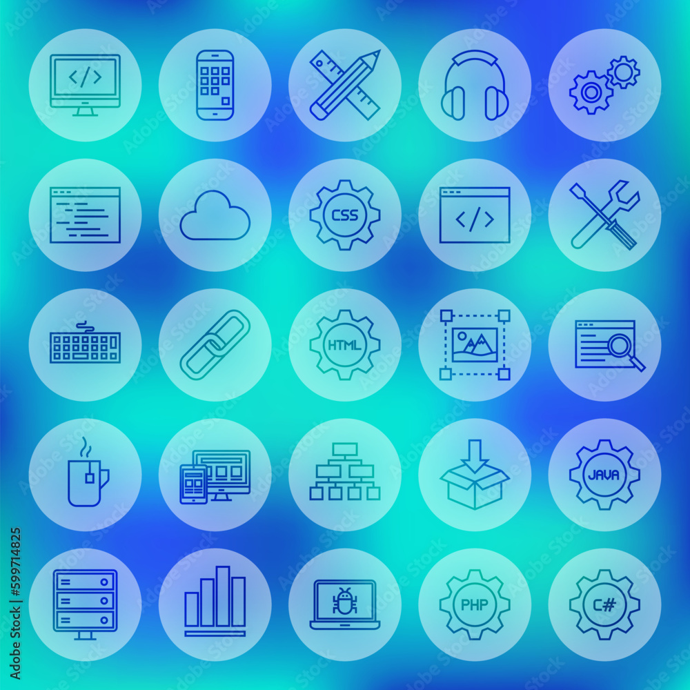 Fototapeta premium Line Circle Web Programming Icons. Vector Illustration of Outline Coding Symbols over Blurred Background.