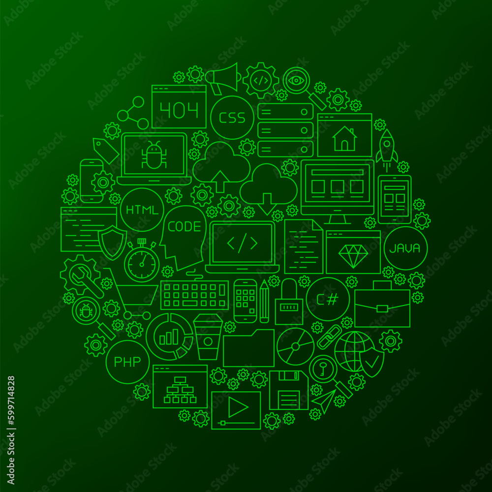 Line Coding Icons Circle. Vector Illustration of Programming Outline Objects over Green Blurred Background.