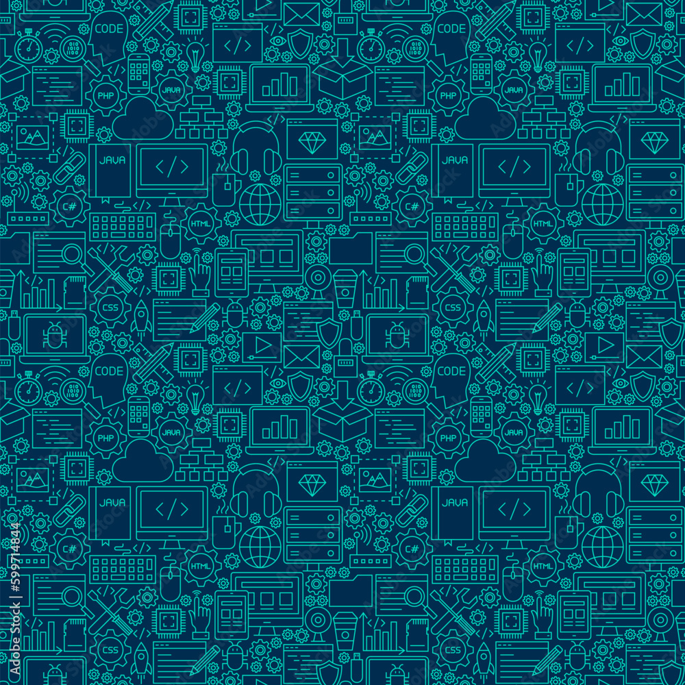 Line Programming Dark Seamless Pattern. Vector Illustration of Outline Tile Background. Coding Resources.