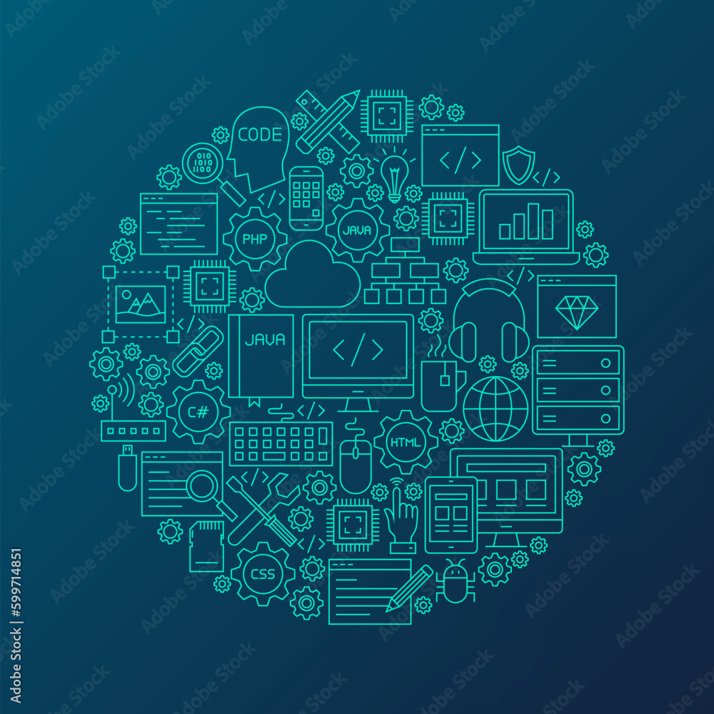 Line Programming Icons Circle. Vector Illustration of Coding Outline Objects over Blurred Background. Line Programming Icons Circle. Vector Illustration of Coding Outline Objects over Blurred Background.