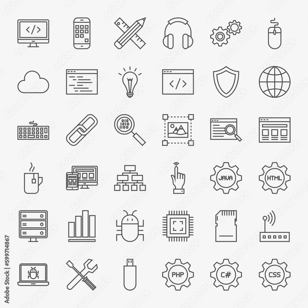 Fototapeta premium Programming Line Icons Set. Vector Collection of Modern Thin Outline Coding and Web Development Symbols.