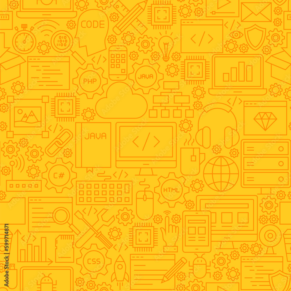Programming Yellow Line Tile Pattern. Vector Illustration of Outline Seamless Background. Coding Resources.