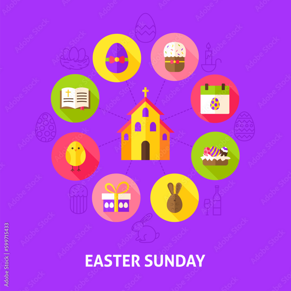 Concept Easter Sunday. Vector Illustration of Spring Holiday Infographics Circle with Flat Icons.