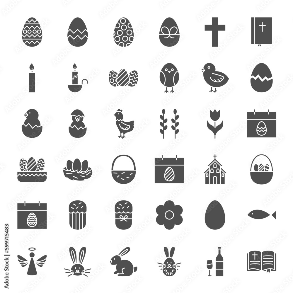 Happy Easter Solid Web Icons. Vector Set of Spring Holiday Glyphs.