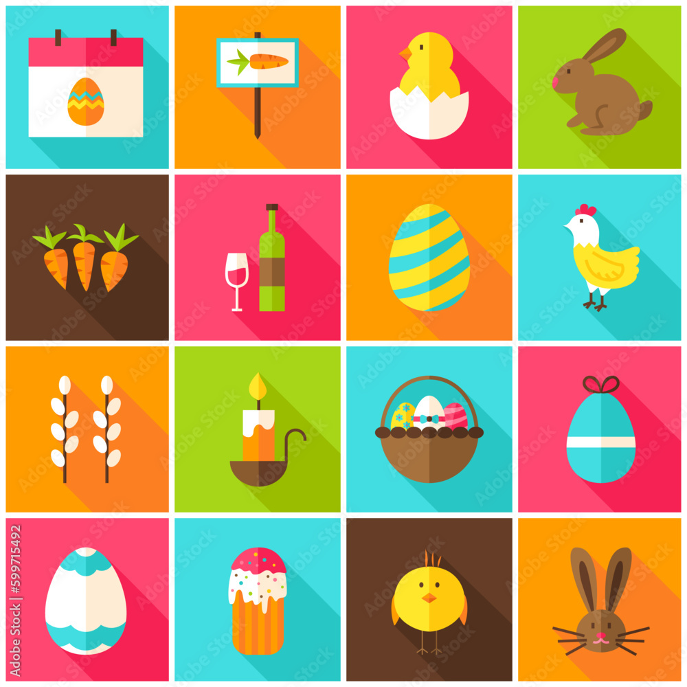 Fototapeta premium Spring Easter Colorful Icons. Vector Illustration. Happy Holiday. Set of Flat Rectangle Items with Long Shadow.