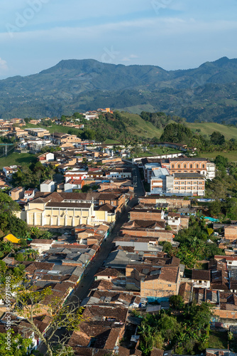 Panoramic landscape of Jericho with a view of all the houses. Jerico, Antioquia, Colombia. 