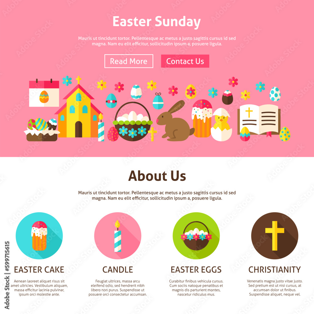 Web Design Easter Sunday. Flat Style Vector Illustration for Website Banner and Landing Page. Spring Holiday.