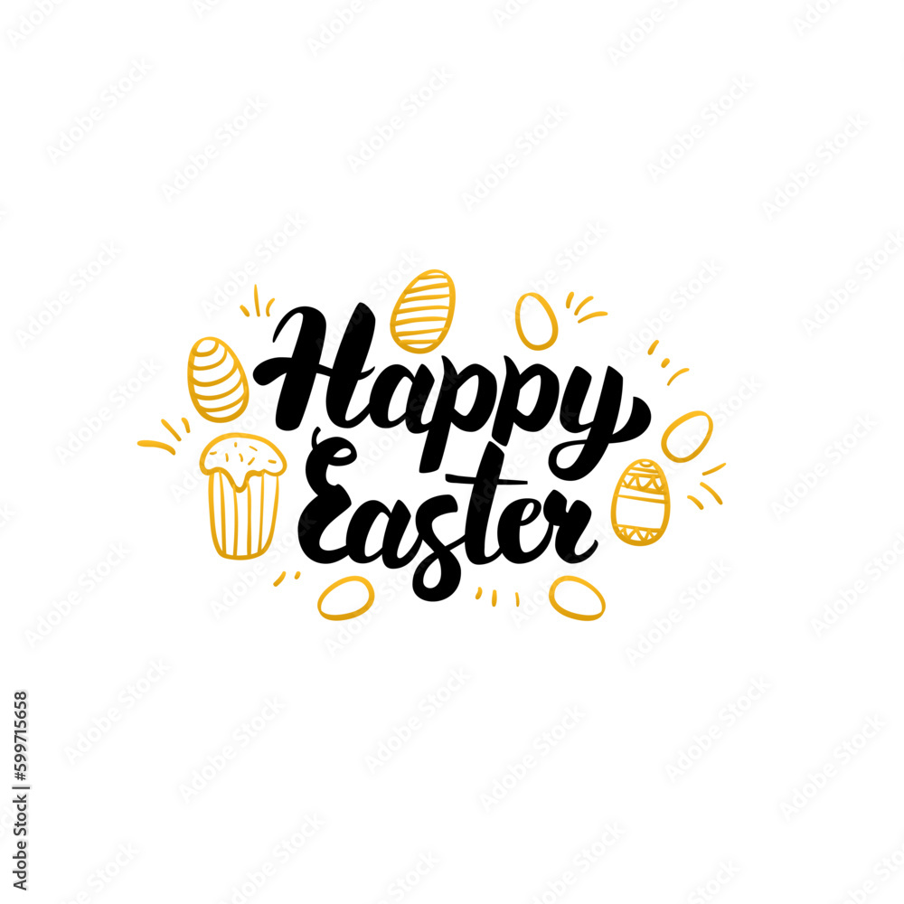 Happy Easter Gold Greeting Card. Vector Illustration of Spring Holiday Lettering with Golden Doodles.