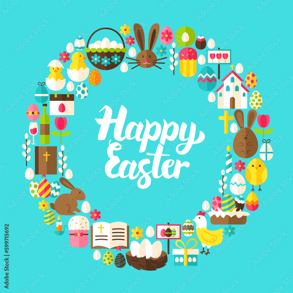 Fototapeta premium Happy Easter Flat Circle. Collection of Spring Holiday Objects.