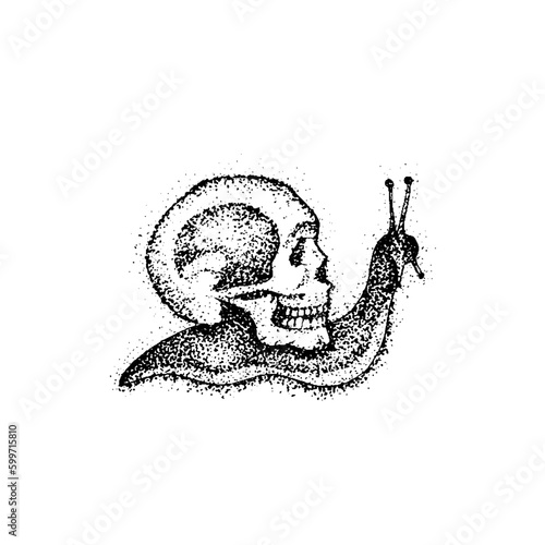 Dotwork Slow Snail as Death. Vector Illustration of Boho Style T-shirt Design. Hipster Tattoo Hand Drawn Sketch with Skull.