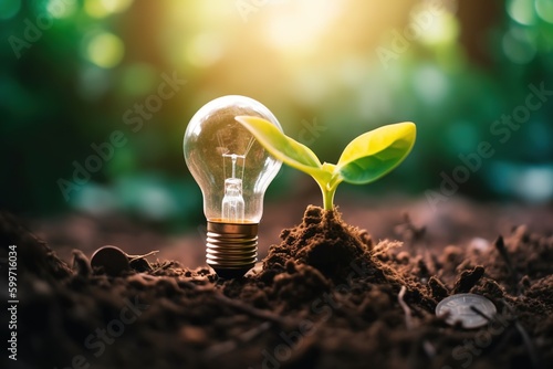 Light bulb on soil with young plant growing on money stack. Saving finance and energy concept