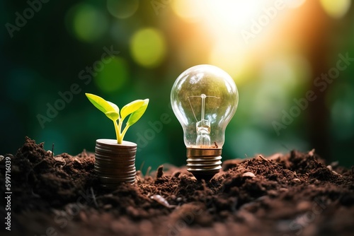 Light bulb on soil with young plant growing on money stack. Saving finance and energy concept