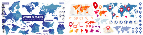 World map, countries, icons
