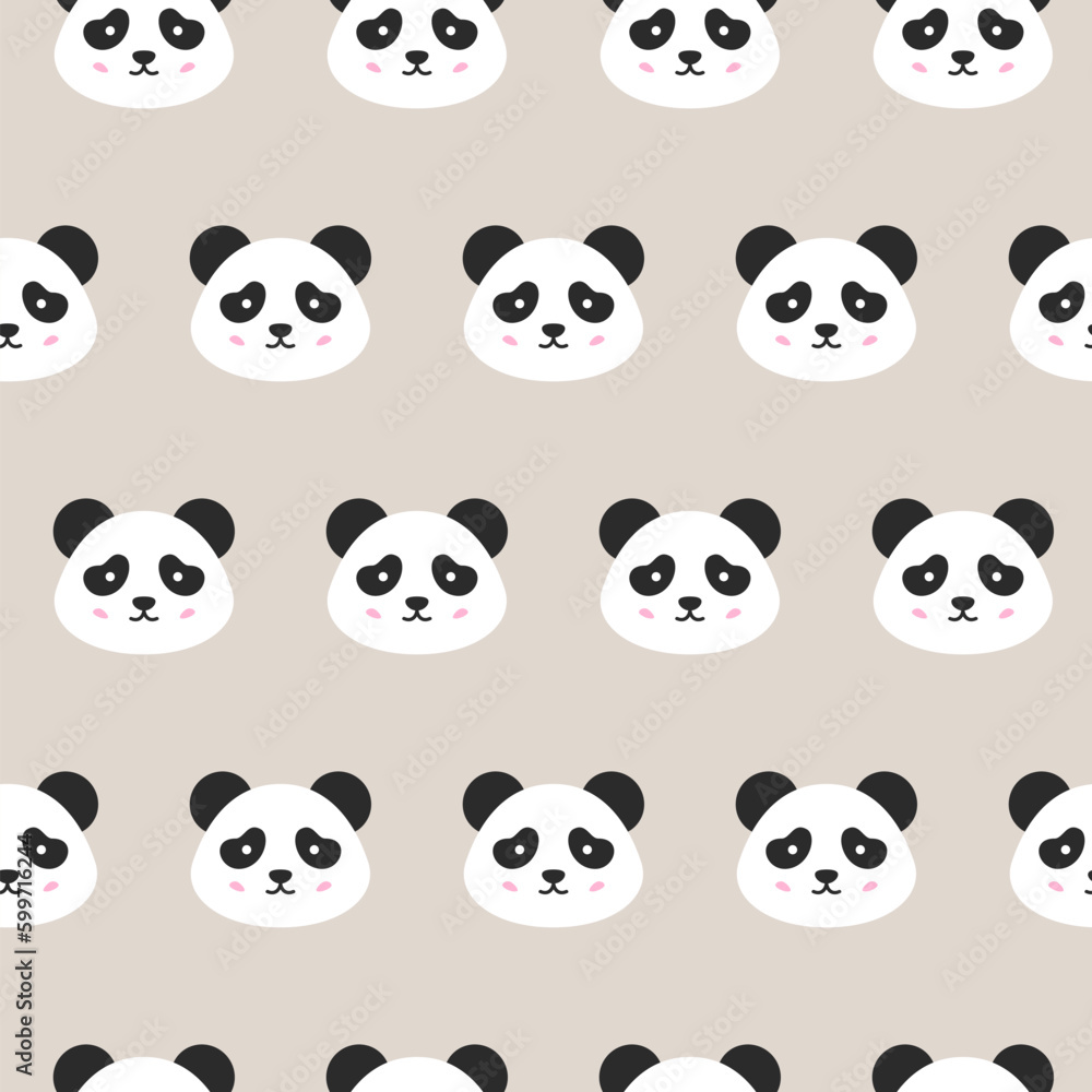 Panda Faces Seamless Pattern. Vector Illustration of Cute Smiling Animal Heads.