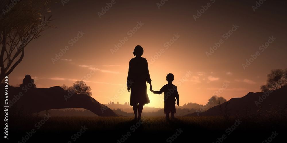 Silhouettes Mom with son at sunset hold hands. children's day, generativ ai